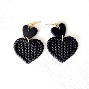 Polymer Clay Knit Heart Dangle Earrings - Black